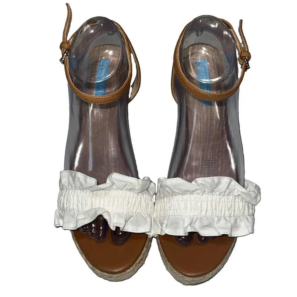 Draper James Abigail White Ruffle Espadrille Wedge Leather Sandals  Women 10